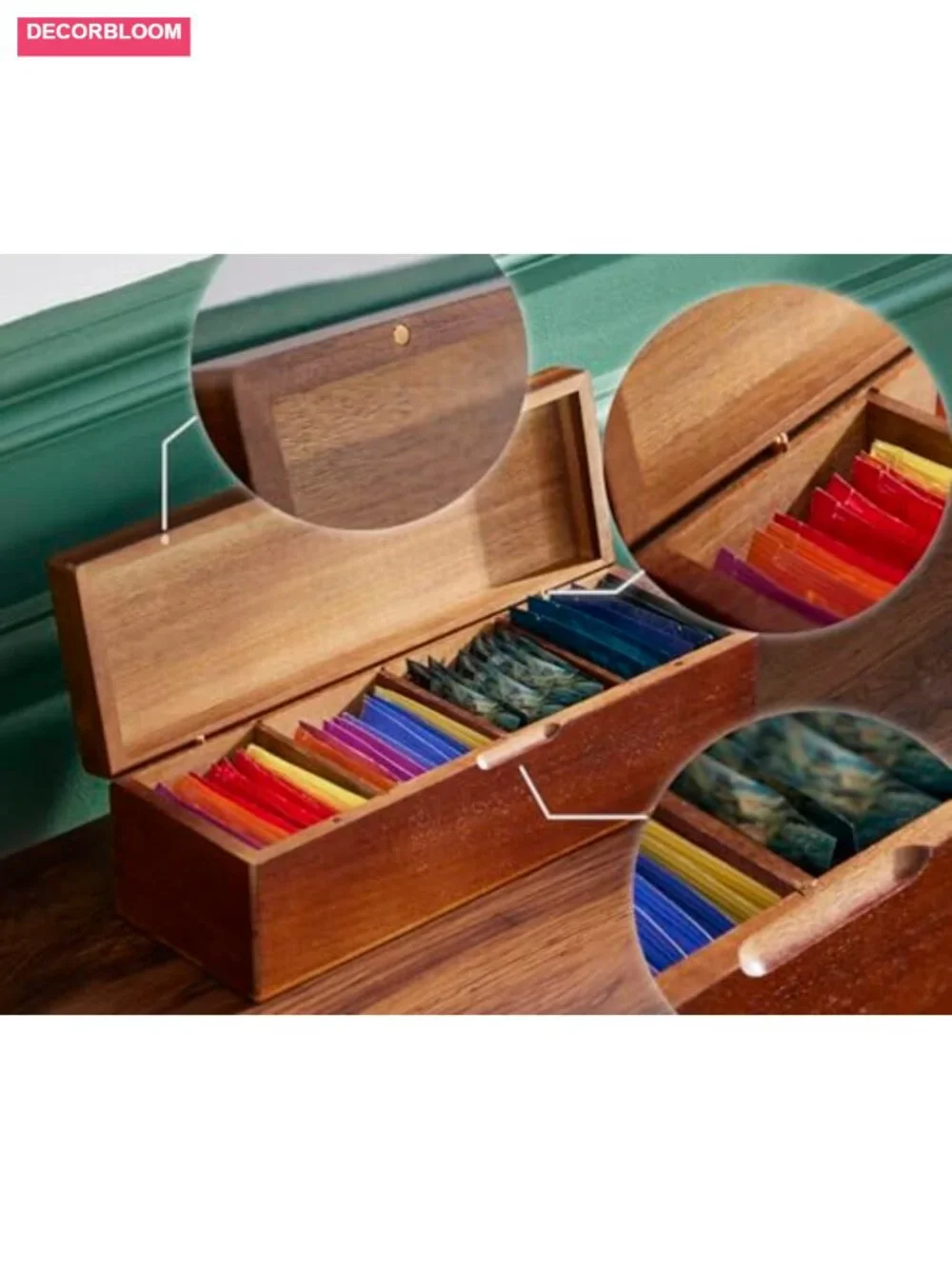 Wooden Tea Bag Organizer Box with 4 Compartments for Coffee Packets
